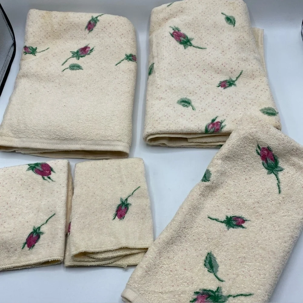 Vintage Cannon Bath Towels Wash Cloth White Pink Rose Floral Cottage Core USA